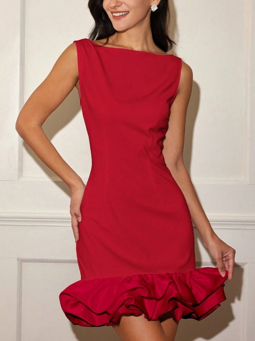 Red Casual Women's Sleeveless Dress with Peplum Backles